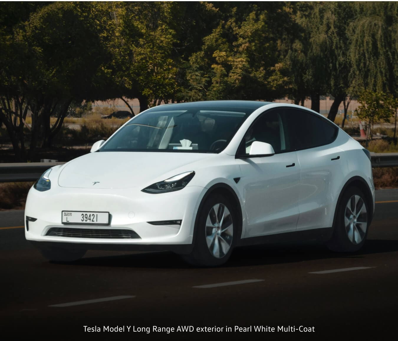 Tesla Model Y Long Range exterior in Pearl White Multi-Coat driving on an asphalt road.