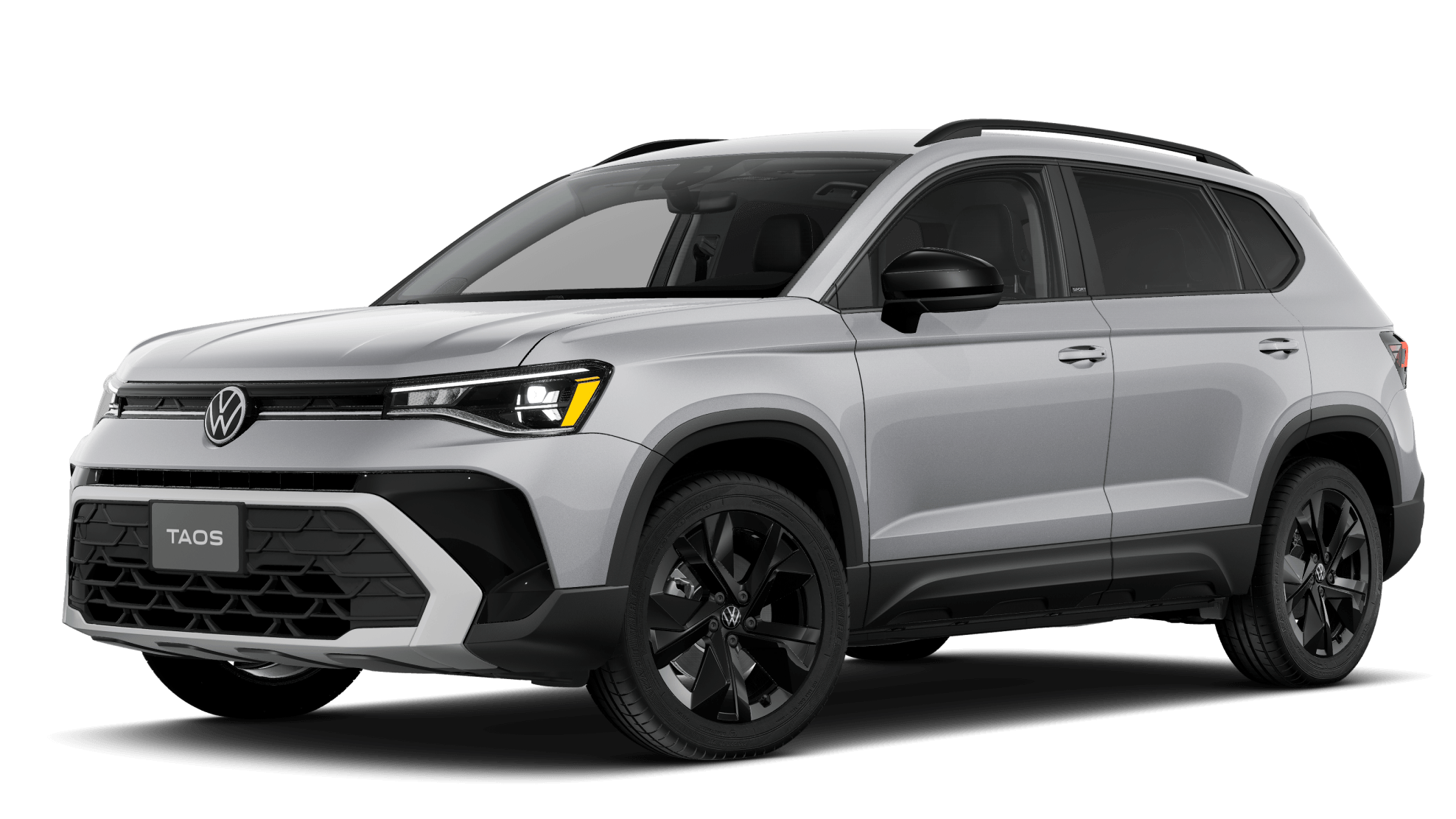 2027 Volkswagen Taos Sport in Pyrite Silver, shown from a three-quarter angle.