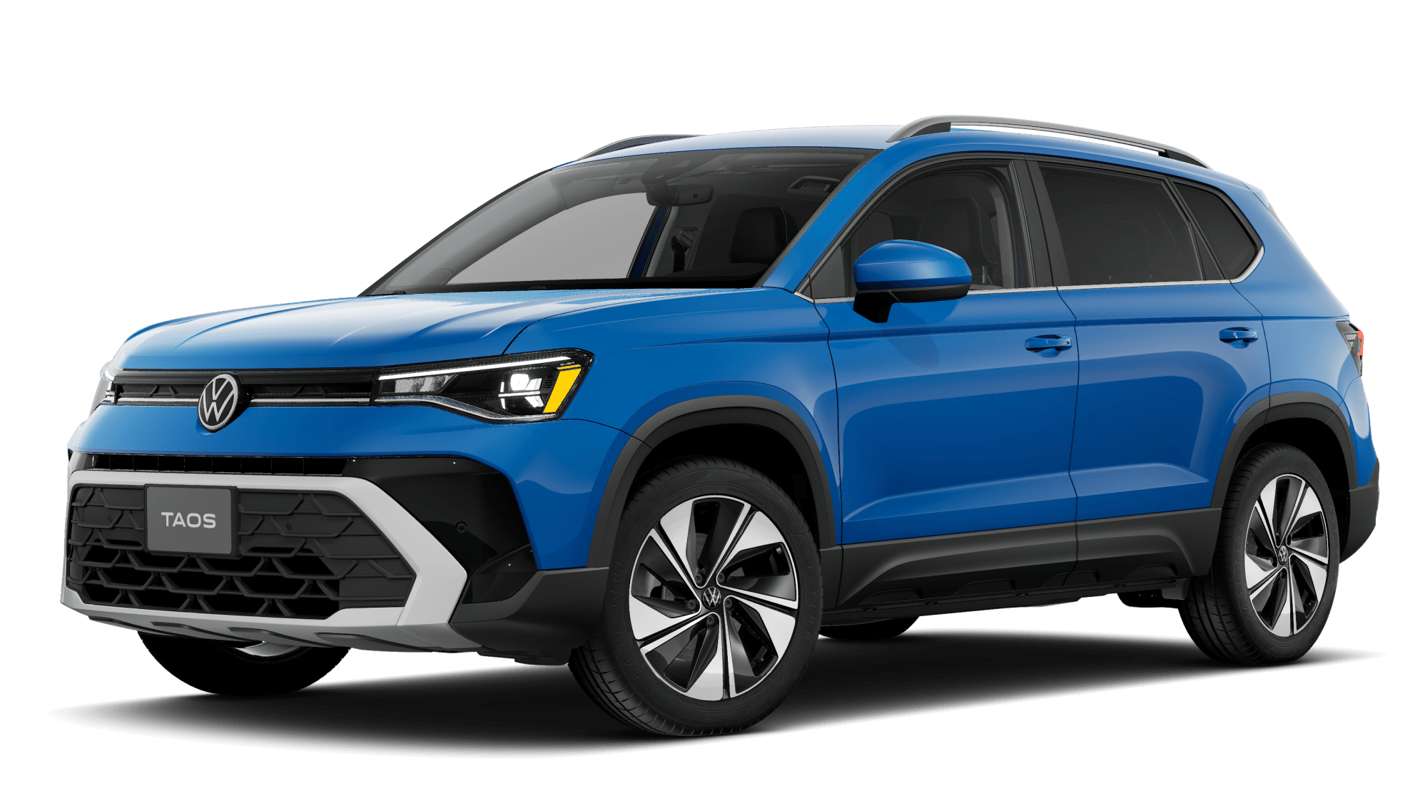 2027 Volkswagen Taos Sport in Monterey Blue, shown from a three-quarter angle.