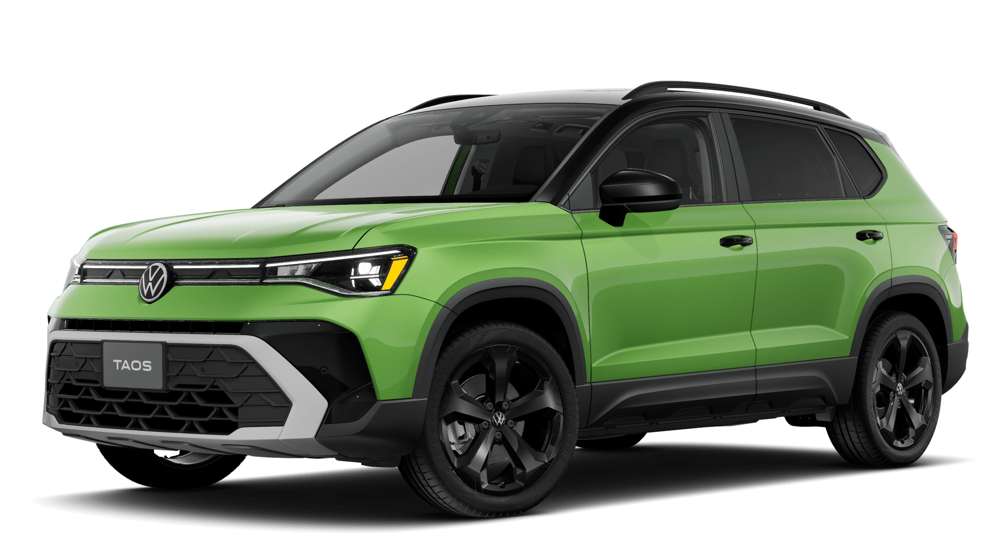 2027 Volkswagen Taos SE Black in Bright Moss Green with a Deep Black roof, shown from a three-quarter angle.
