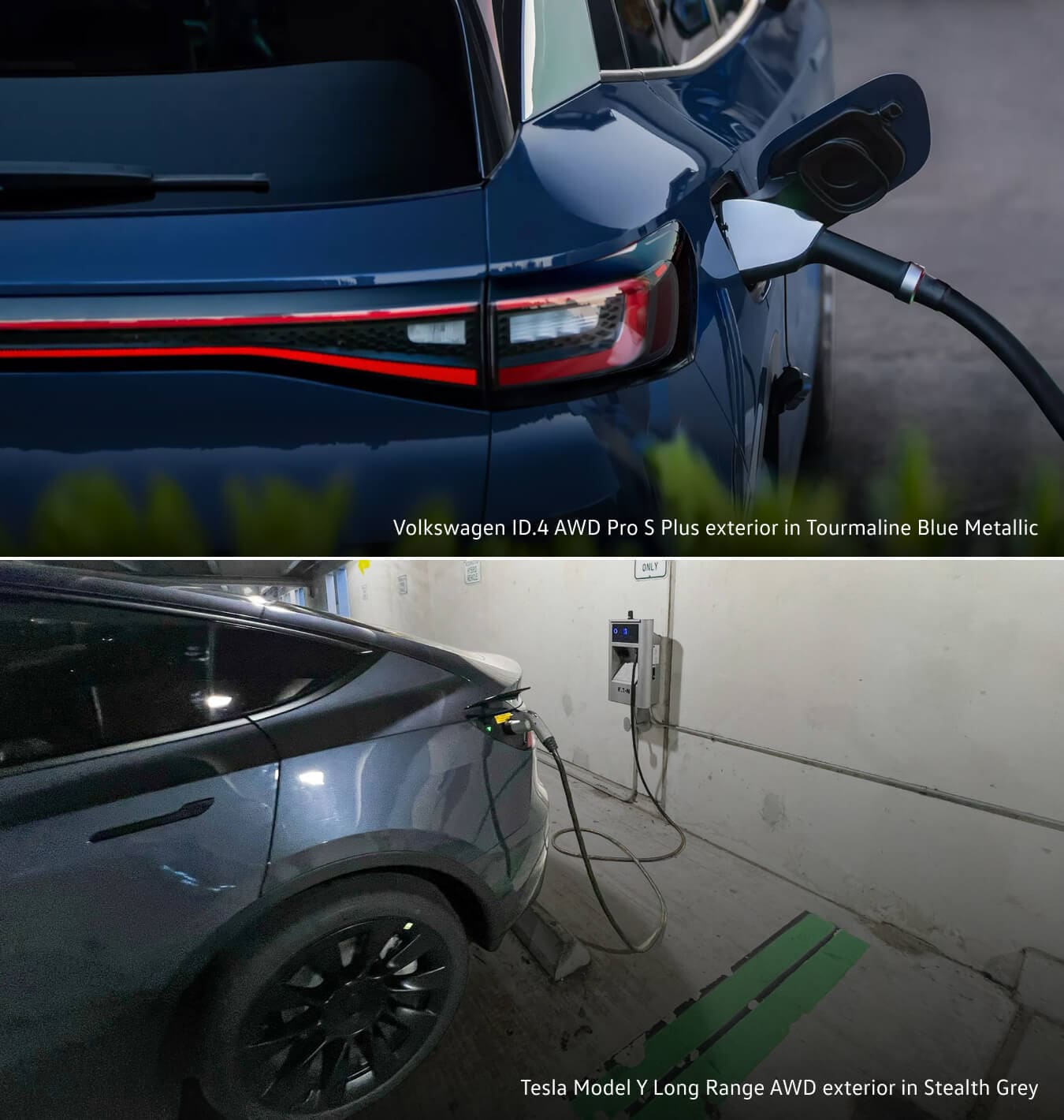 Volkswagen ID.4 Pro S Plus exterior in Mountain Lake Blue Metallic displaying charging cable connected to port. Tesla Model Y Long Range exterior in Stealth Grey displaying charging port plug in parking structure.