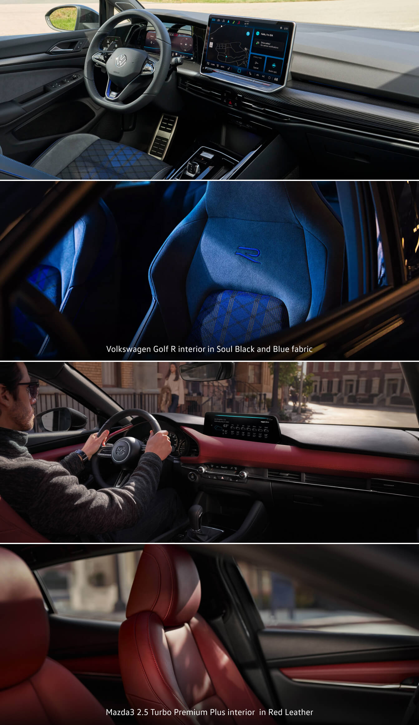 Volkswagen Golf R interior in Soul Black and Blue fabric with digital display on an open asphalt road backdrop. Mazda3 2.5 Turbo Premium Plus interior sport seats in Red Leather with an urban street background.
