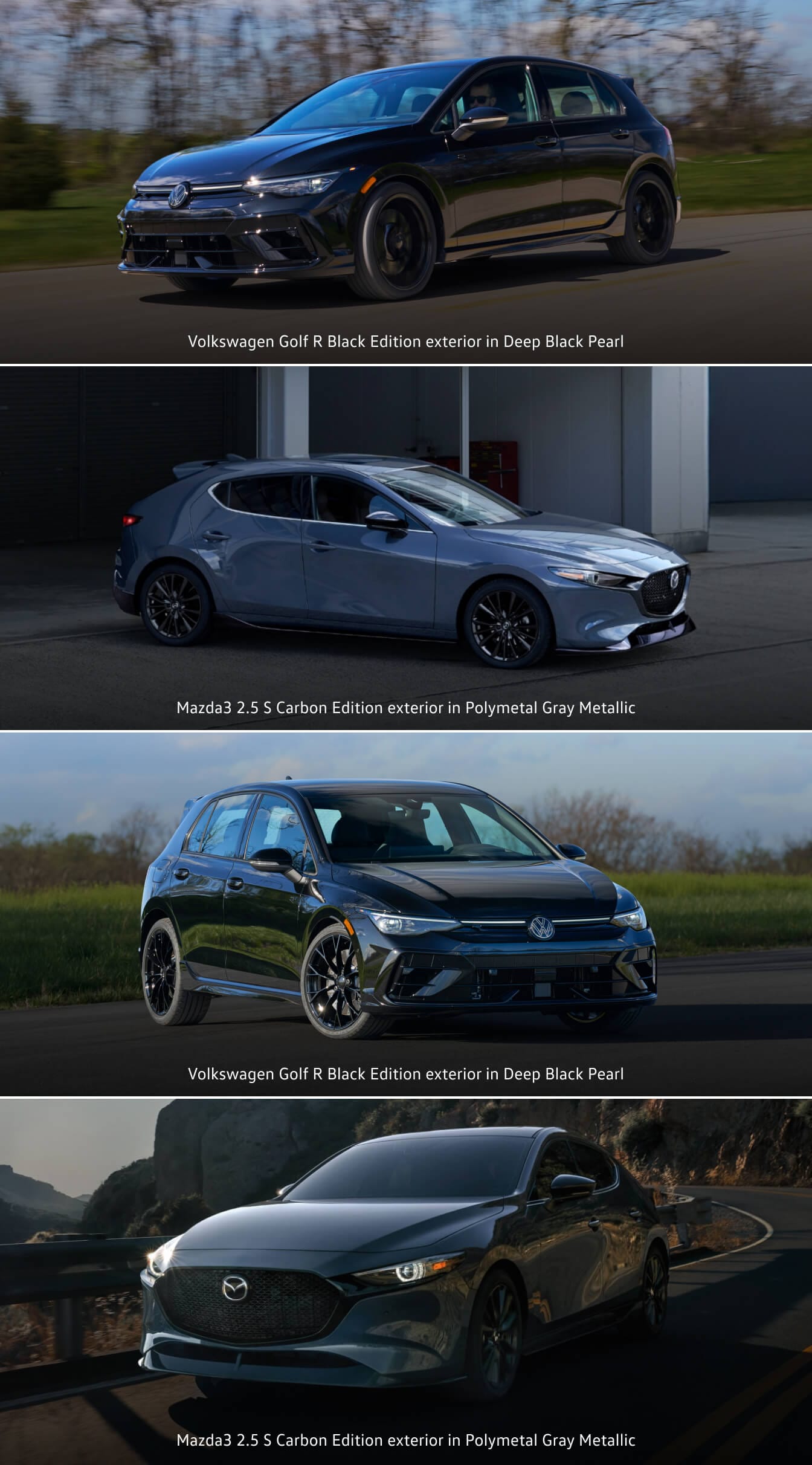 Volkswagen Golf R Black Edition exterior in Deep Black Pearl rolling on an asphalt road. Mazda3 Carbon Edition exterior in Polymetal Gray Metallic parked outside a minimalist industrial building.