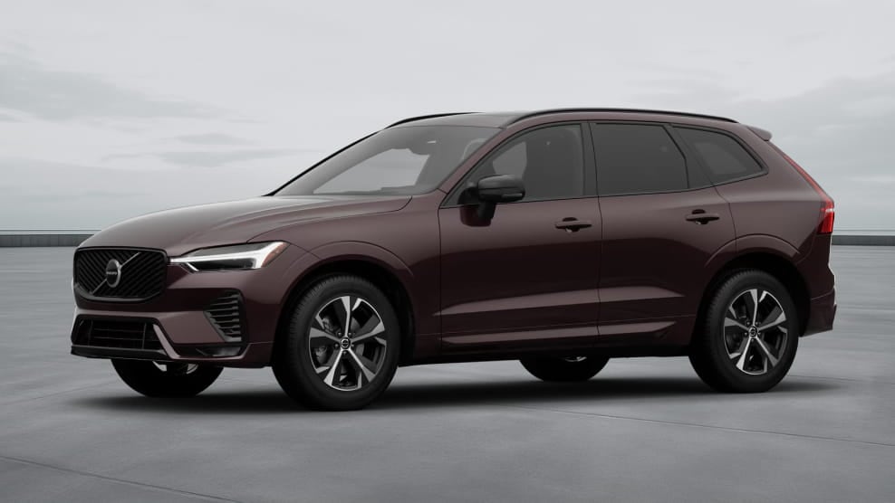 Volvo XC60 in Mulberry Red shown from a front three-quarter view.