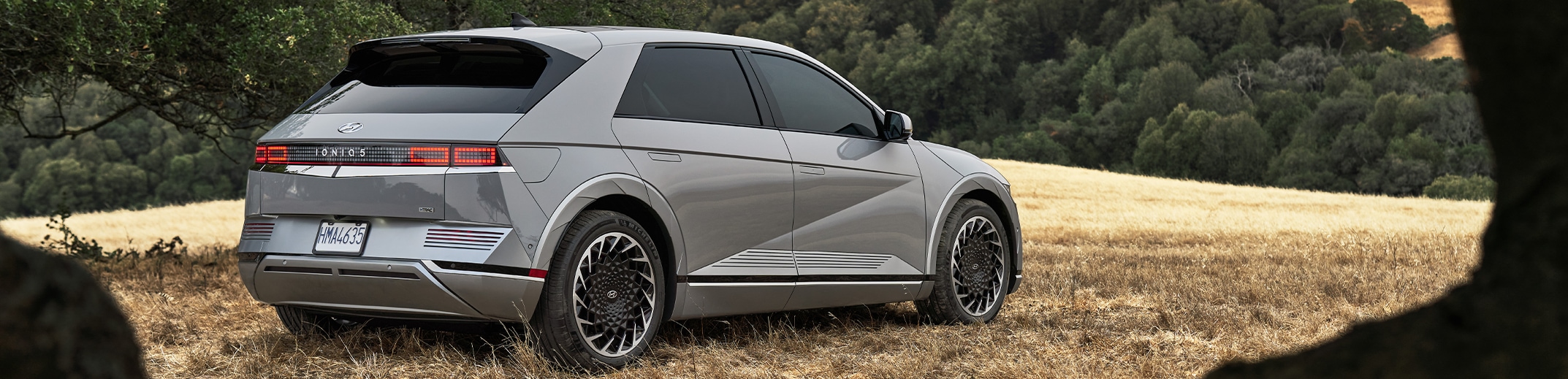 Haddad Hyundai Dealership near North Adams, MA | Grey 2023 Hyundai Ioniq parked on light brown field with trees inb the background