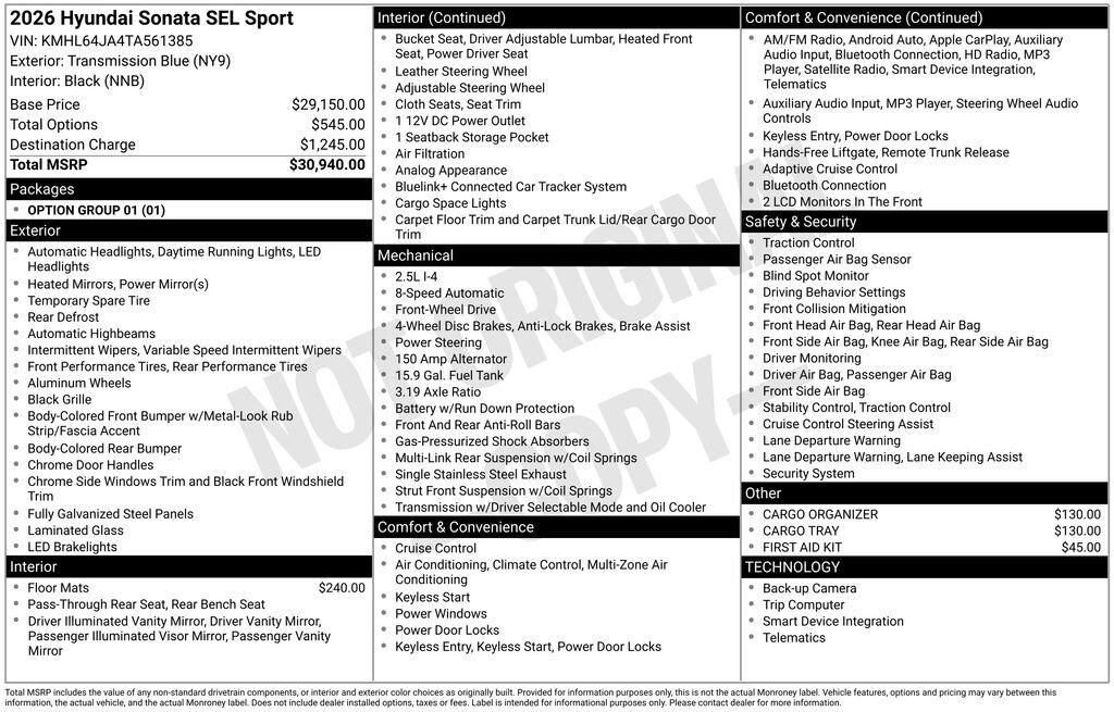 New 2026 Hyundai Sonata SEL Sport Sedan