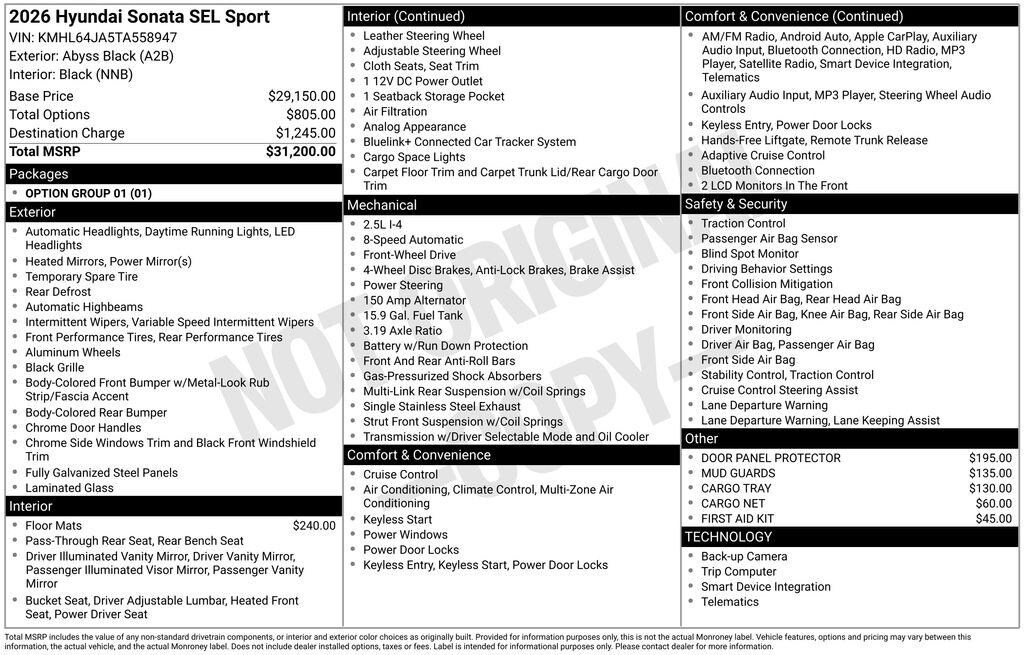 New 2026 Hyundai Sonata SEL Sport Sedan