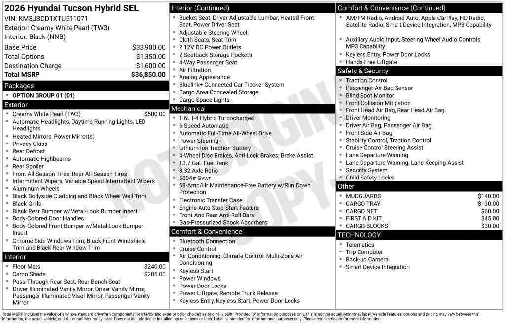 New 2026 Hyundai Tucson Hybrid SEL AWD SUV