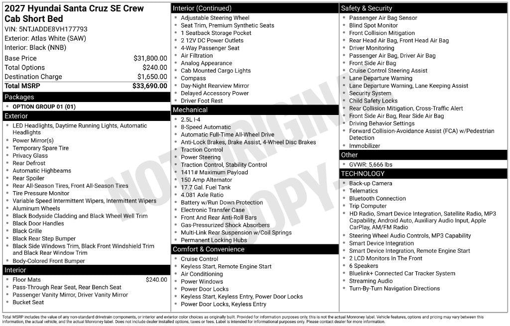 New 2027 Hyundai Santa Cruz SE AWD Truck Crew Cab