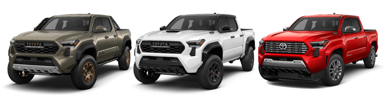 2024 Toyota Tacoma at Bobby Rahal Toyota in Mechanicsburg, PA | Green 2024 Toyota Tacoma Trail Hunter, White 2024 Toyota Tacoma TRD Pro, Red 2024 Toyota Tacoma Hybrid Limited 