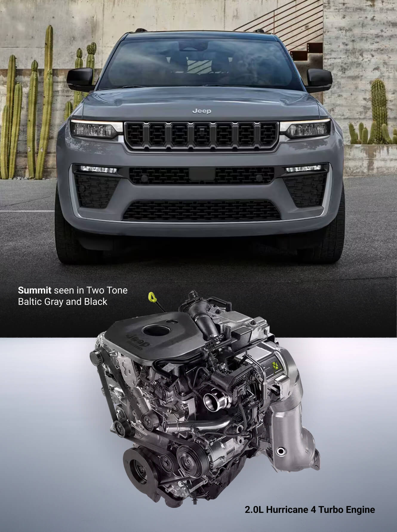 Top: 2027 Jeep Grand Cherokee Summit in two-tone Baltic Gray and Black. Bottom: 2.0L Hurricane 4 Turbo engine.