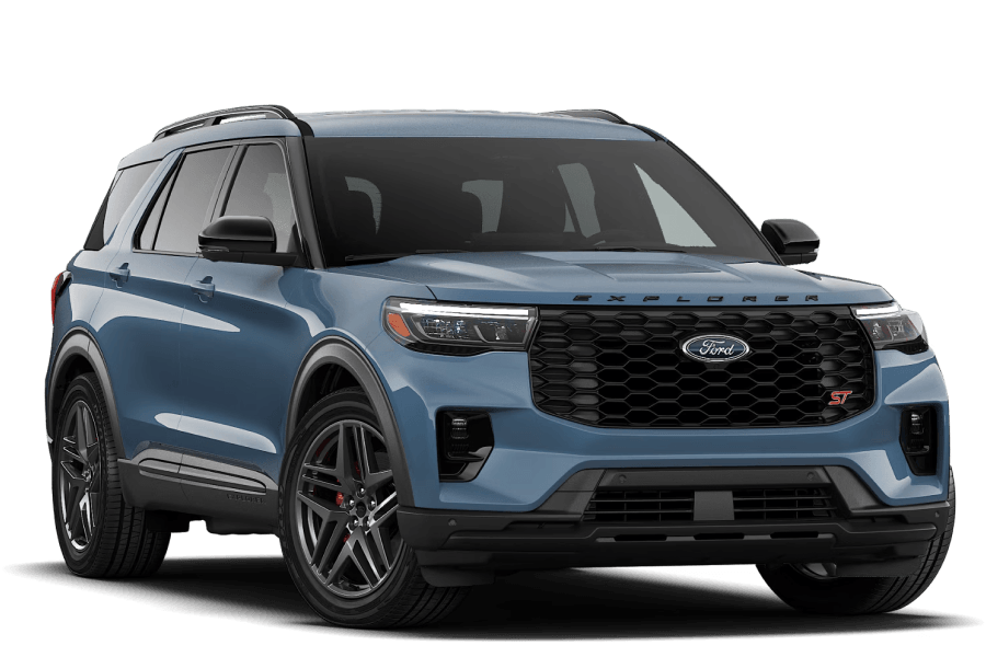 2026 Explorer® ST in Vapor Blue Metallic in three quarter angle.