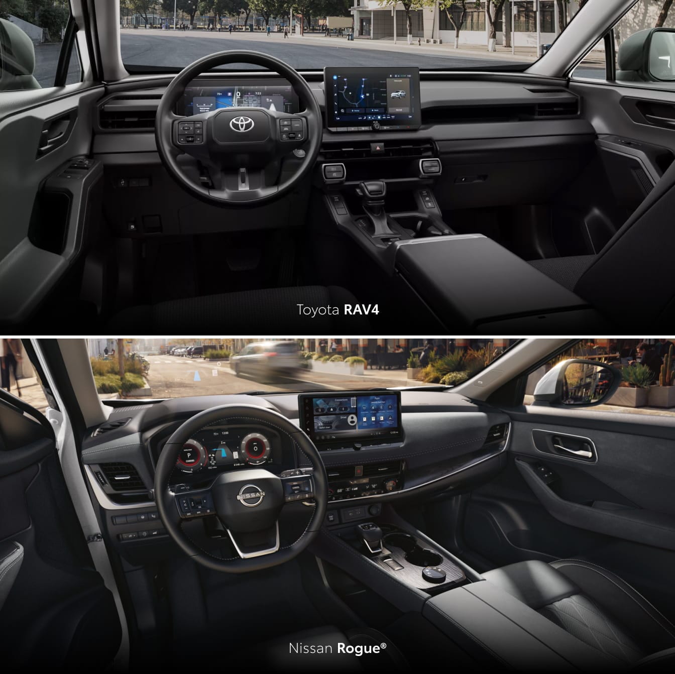 Toyota RAV4 and Nissan Rogue interiors featuring digital instrument displays, center touchscreens, and black cabins.