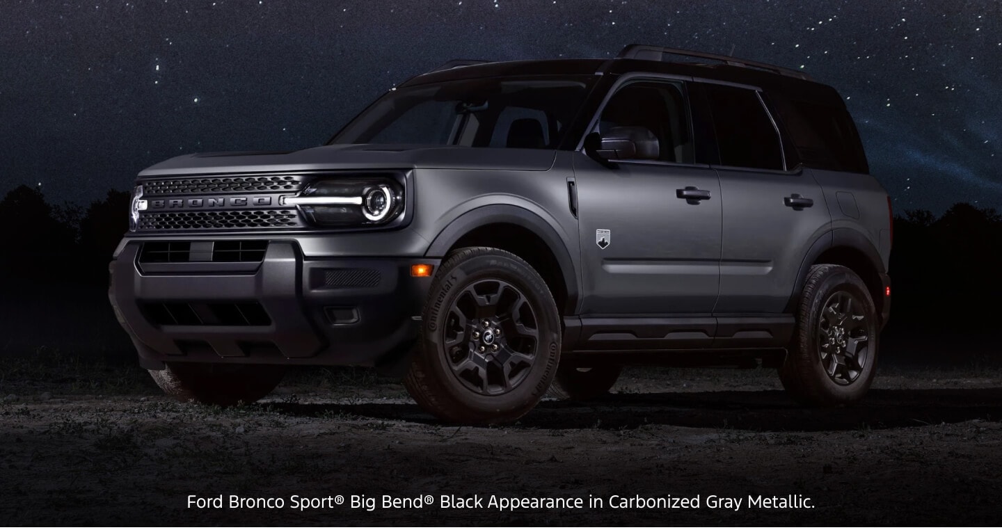 Three-quarter front view of a gray Ford Bronco Sport Big Bend with a Black Appearance Package.