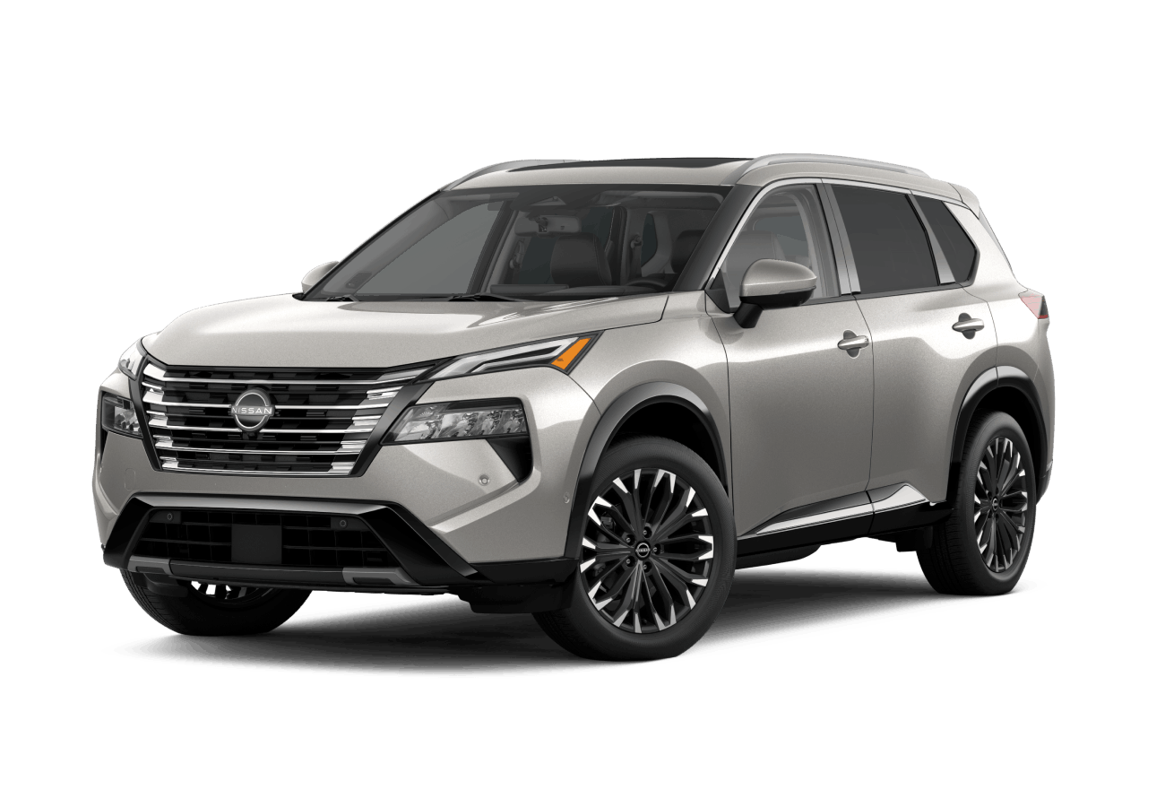 Silver Nissan Rogue shown from a front three-quarter angle.