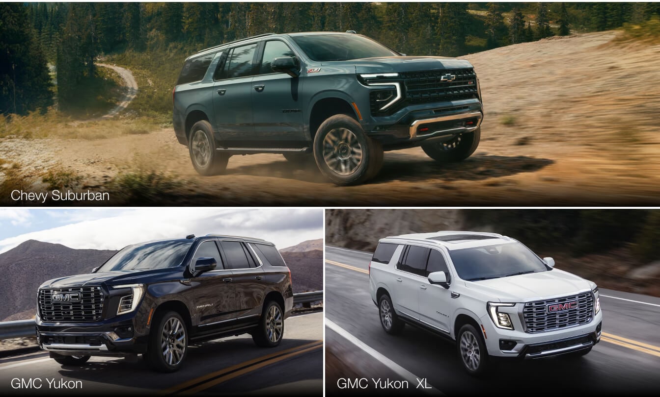 Three action shots showing a blue Chevy Suburban off-roading, black GMC Yukon on a highway and a white GMC Yukon XL on a mountain road.