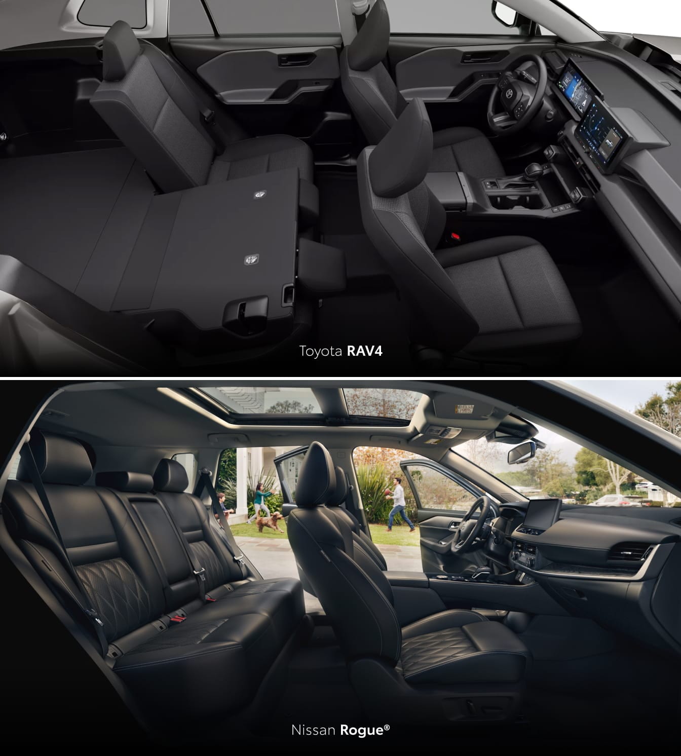 Toyota RAV4 interior with folded rear seats and Nissan Rogue interior featuring black seating and a panoramic moonroof.
