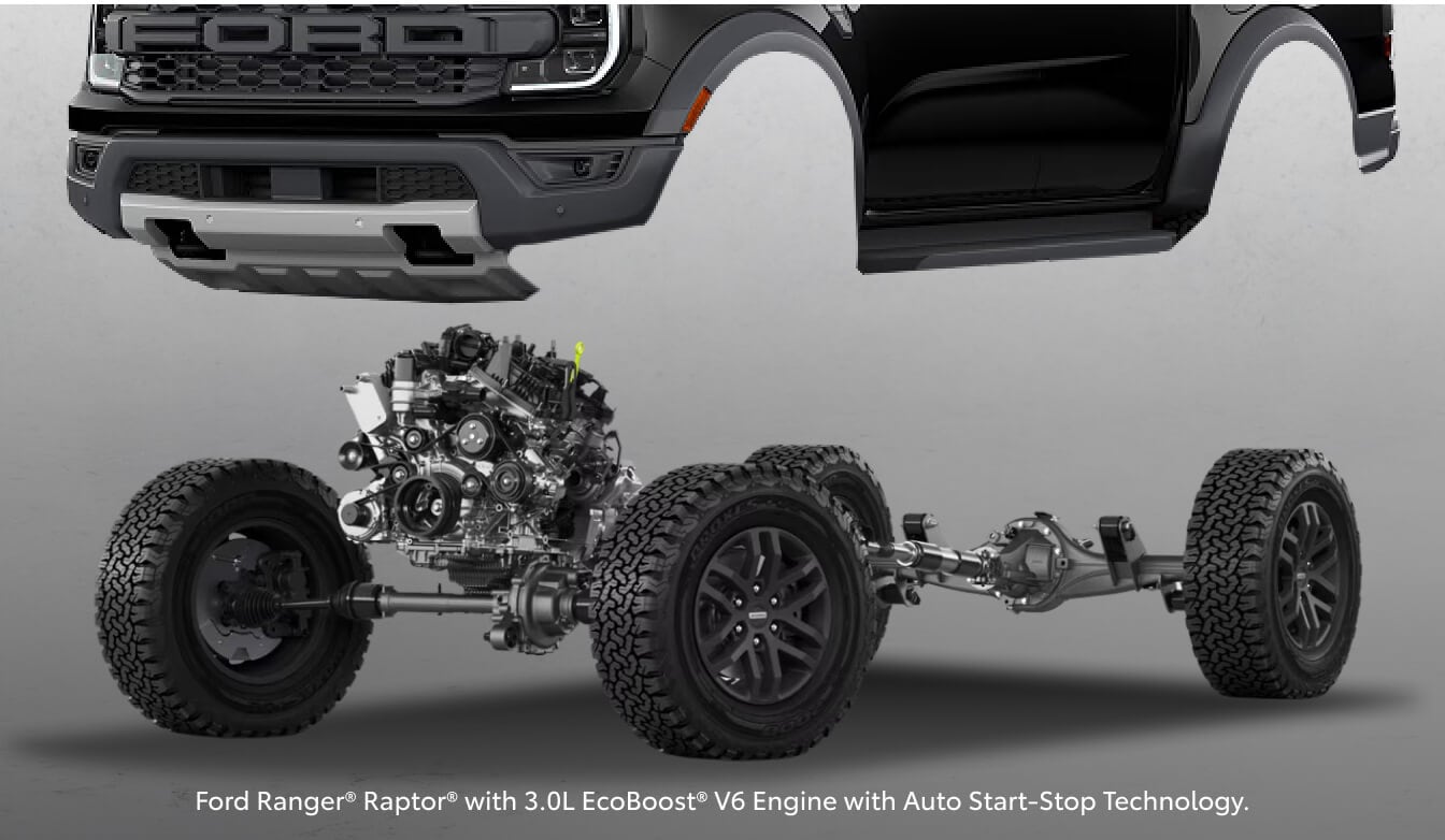 Exploded profile view of a 26 Ford Ranger Raptor highlighting its body, EcoBoost V6 engine, and suspension layout.