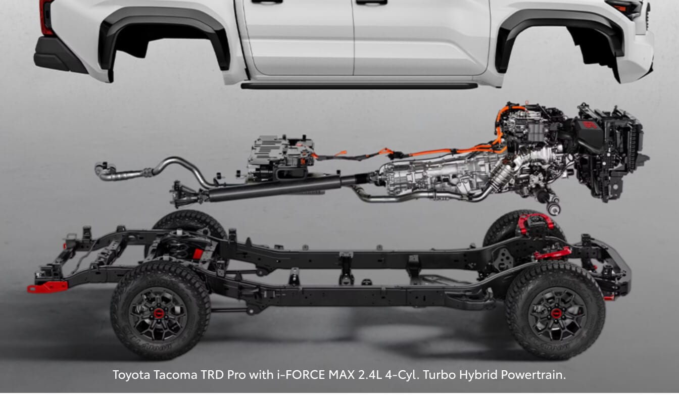 Exploded profile view of a 26 Toyota Tacoma TRD Pro showcasing its body, hybrid powertrain, and chassis frame.
