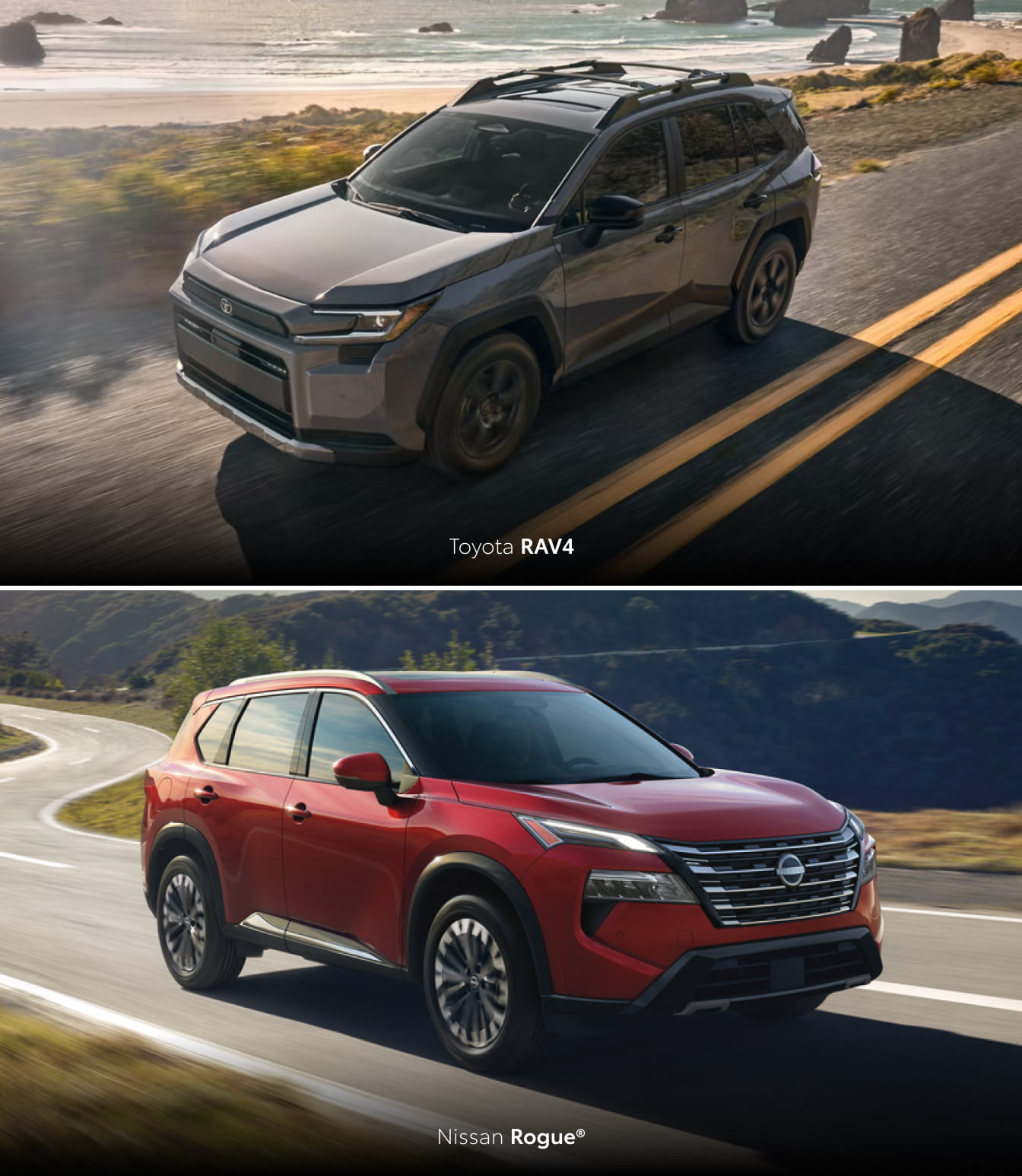 Gray Toyota RAV4 driving along a coastal road and red Nissan Rogue driving on a winding mountain road.