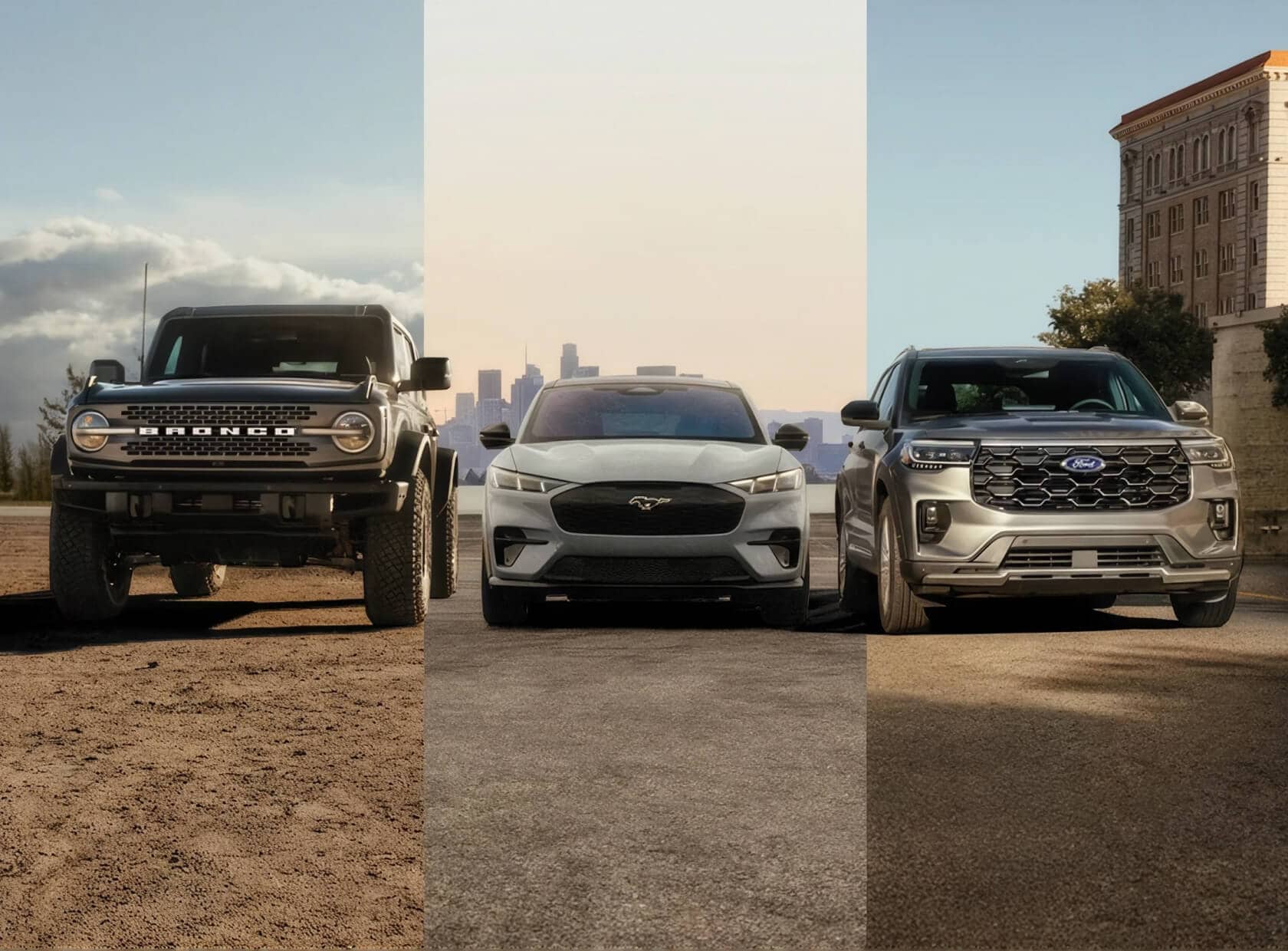 Front view of a Black Ford Bronco, a Silver Mustang Mach-E, and a Gray Explorer lined up.
