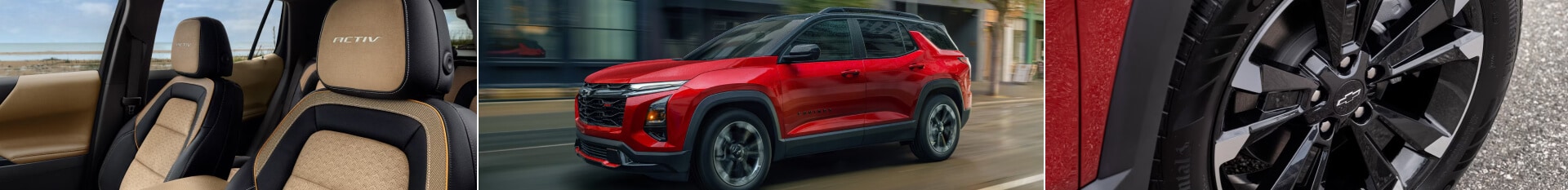 Three images showing 2026 Chevy Equinox interior, exterior and wheel details.