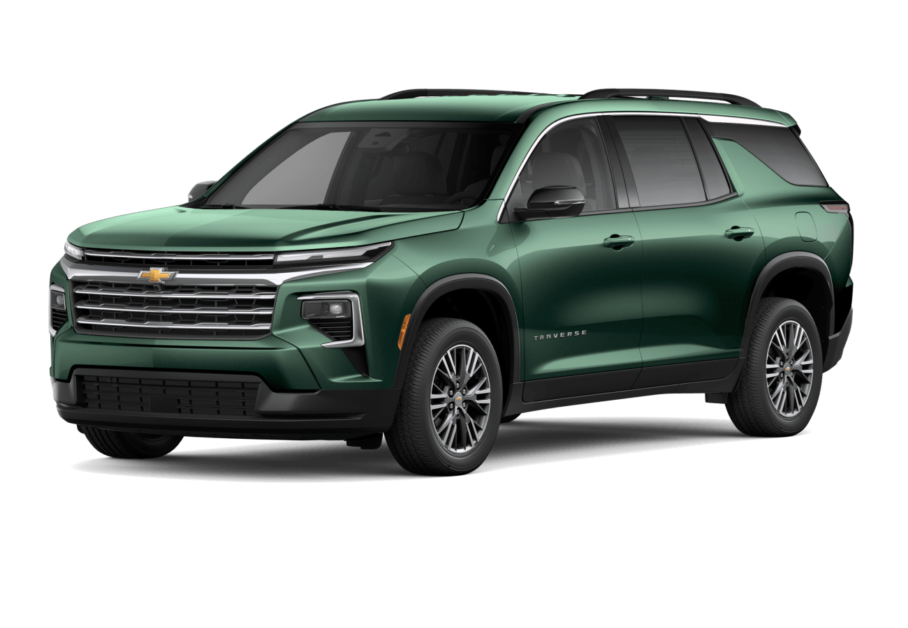 2026 Chevrolet Traverse LT in Trillium Green Metallic in three quarter angle.