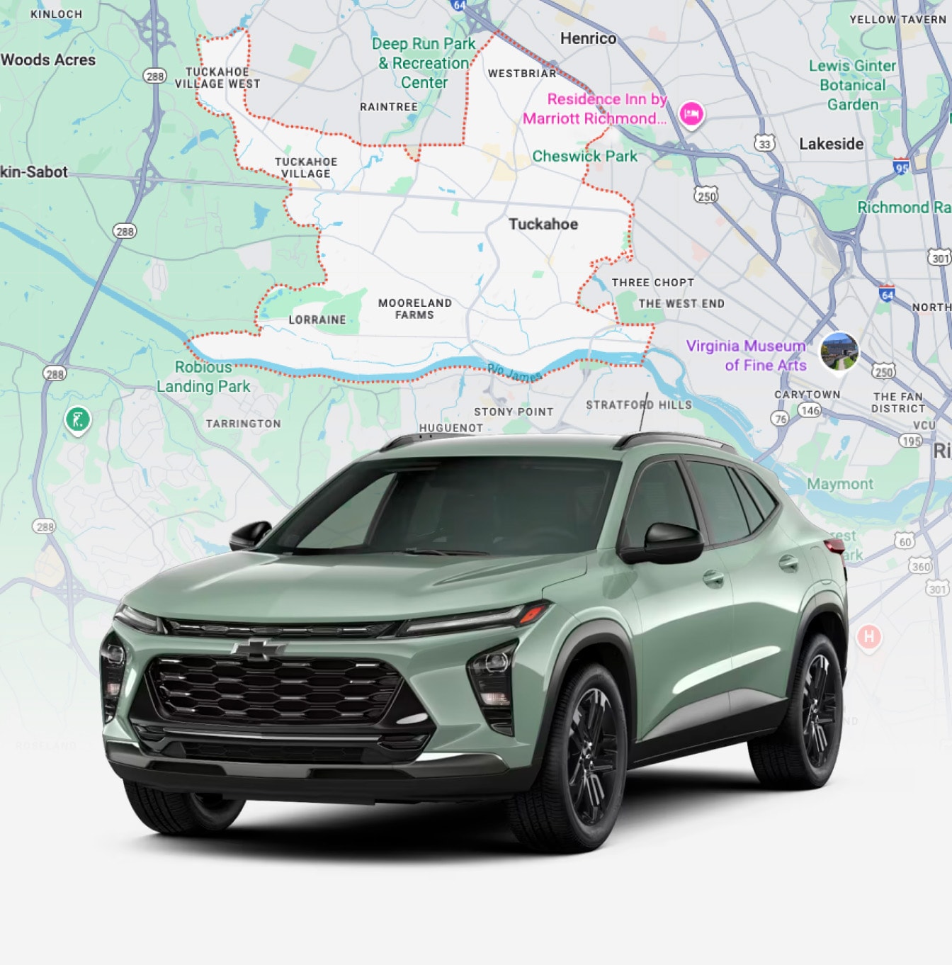 Green Chevrolet SUV with city map background