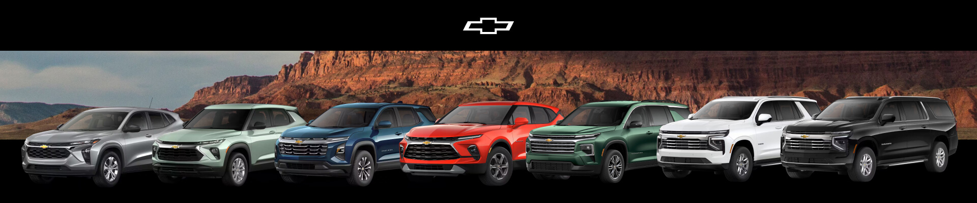 Panoramic studio lineup shot featuring 2026 Chevrolet complete SUV range: Trax, Trailblazer, Equinox, Blazer, Traverse, Tahoe, and Suburban.