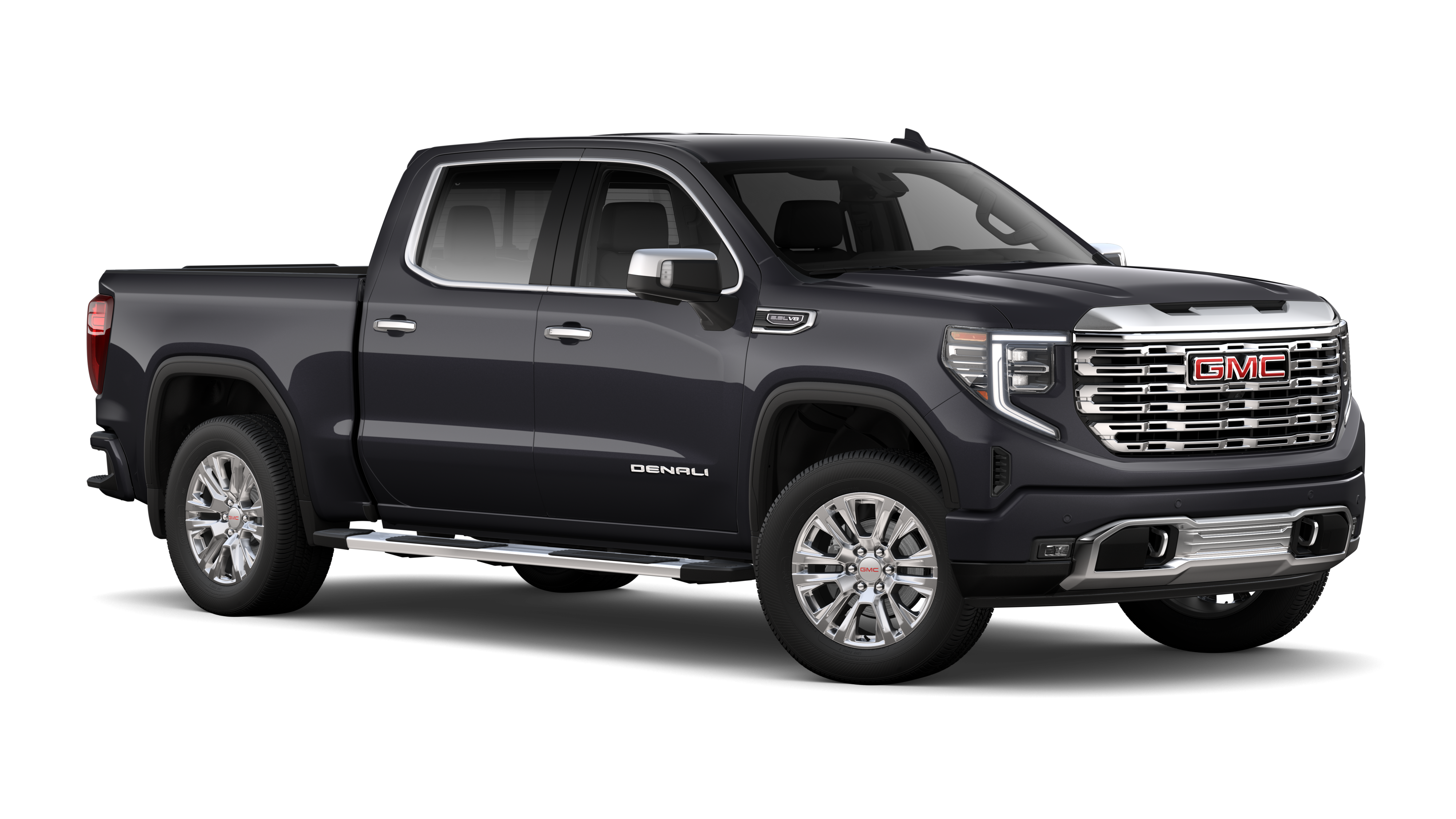 Black 2026 GMC Sierra 1500 Denali crew cab, front three-quarter view with chrome grille, mirrors and running boards