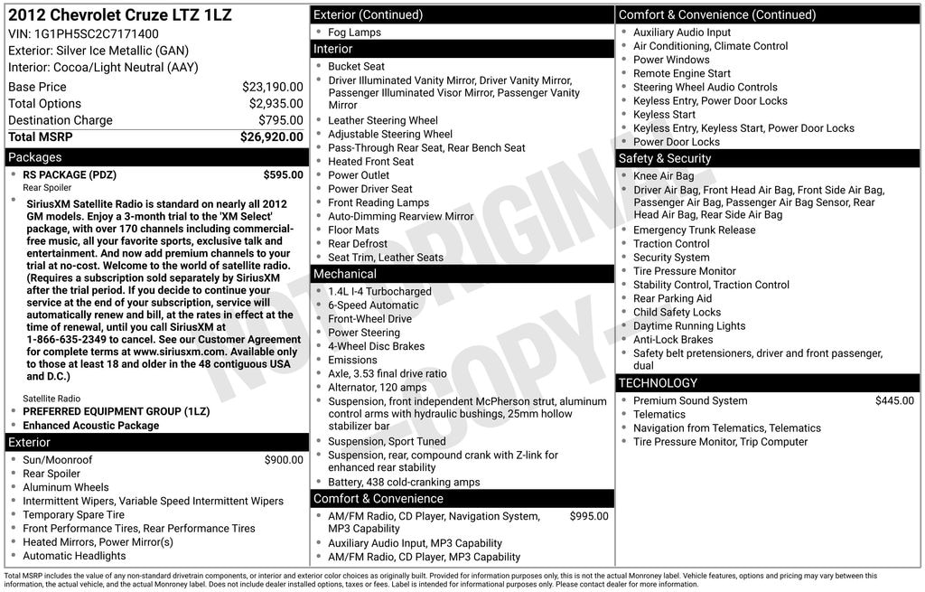 Used 2012 Chevrolet Cruze LTZ Sedan