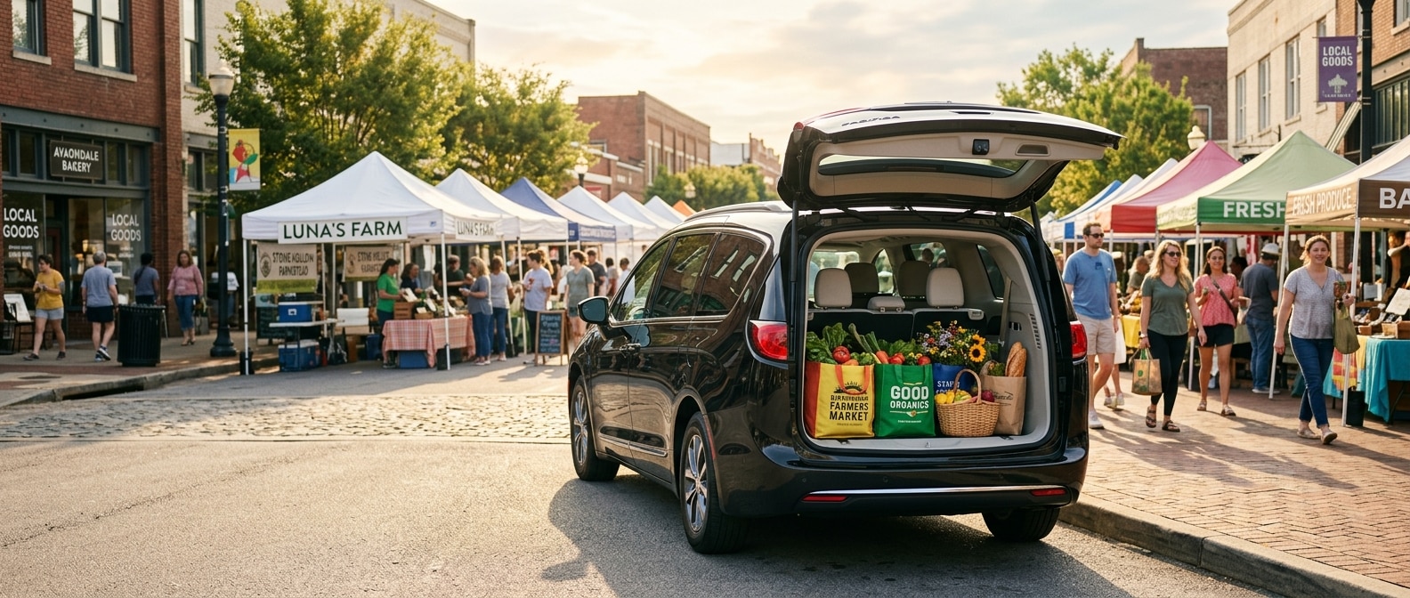 2026 Chrysler Pacifica loaded with farmers market bags at Pepper Place district in Birmingham, AL
