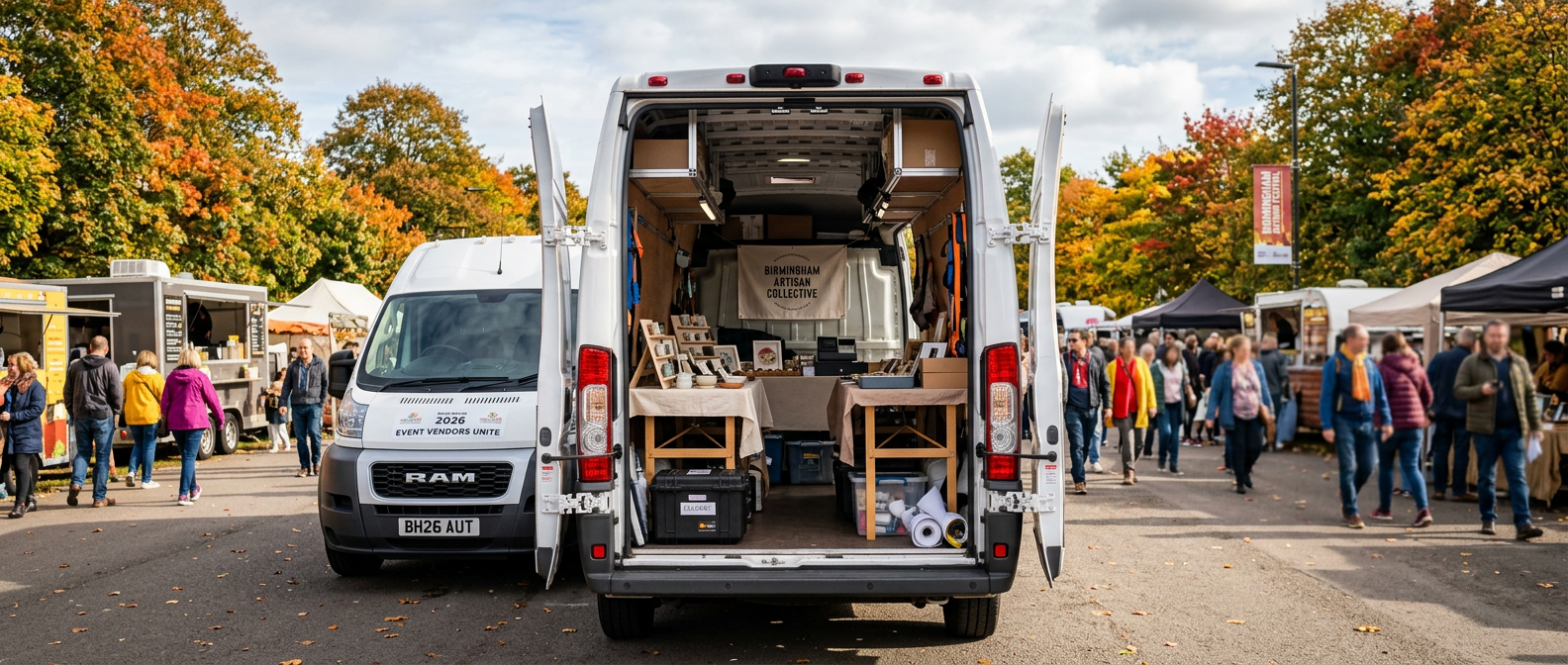 2026 Ram ProMaster Super High Roof cargo van with rear doors open at a Birmingham fall festival, loaded with vendor equipment