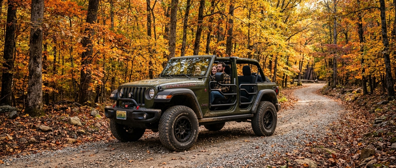 2026 Jeep Wrangler on a fall forest trail at Tannehill Ironworks Historical State Park near Birmingham, Alabama
