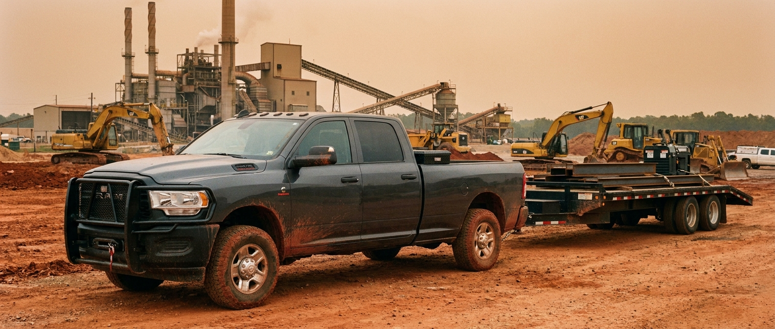 2026 Ram 3500 Heavy Duty crew cab on a Bessemer, Alabama industrial job site with heavy equipment trailer