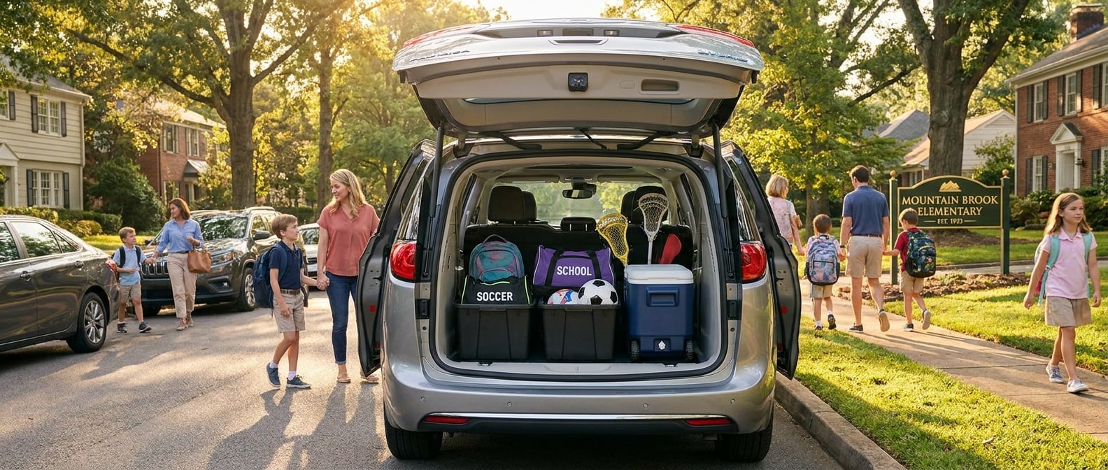 2026 Chrysler Pacifica rear cargo area organized for Birmingham school-season carpool with backpacks and sports gear