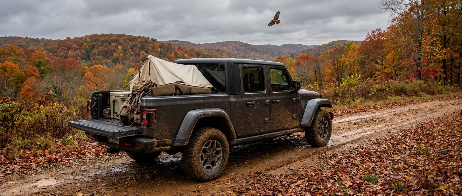 2026 Jeep Gladiator Rubicon on a forest road near Leeds Alabama with hunting and camping gear in the bed