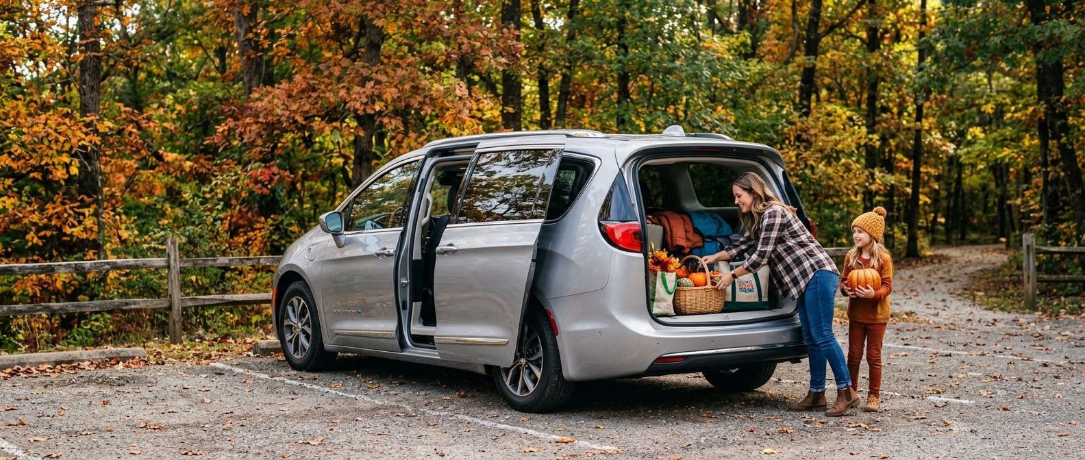2026 Chrysler Pacifica with rear door open and Stow 'n Go seats folded flat, packed for a Birmingham fall festival day trip