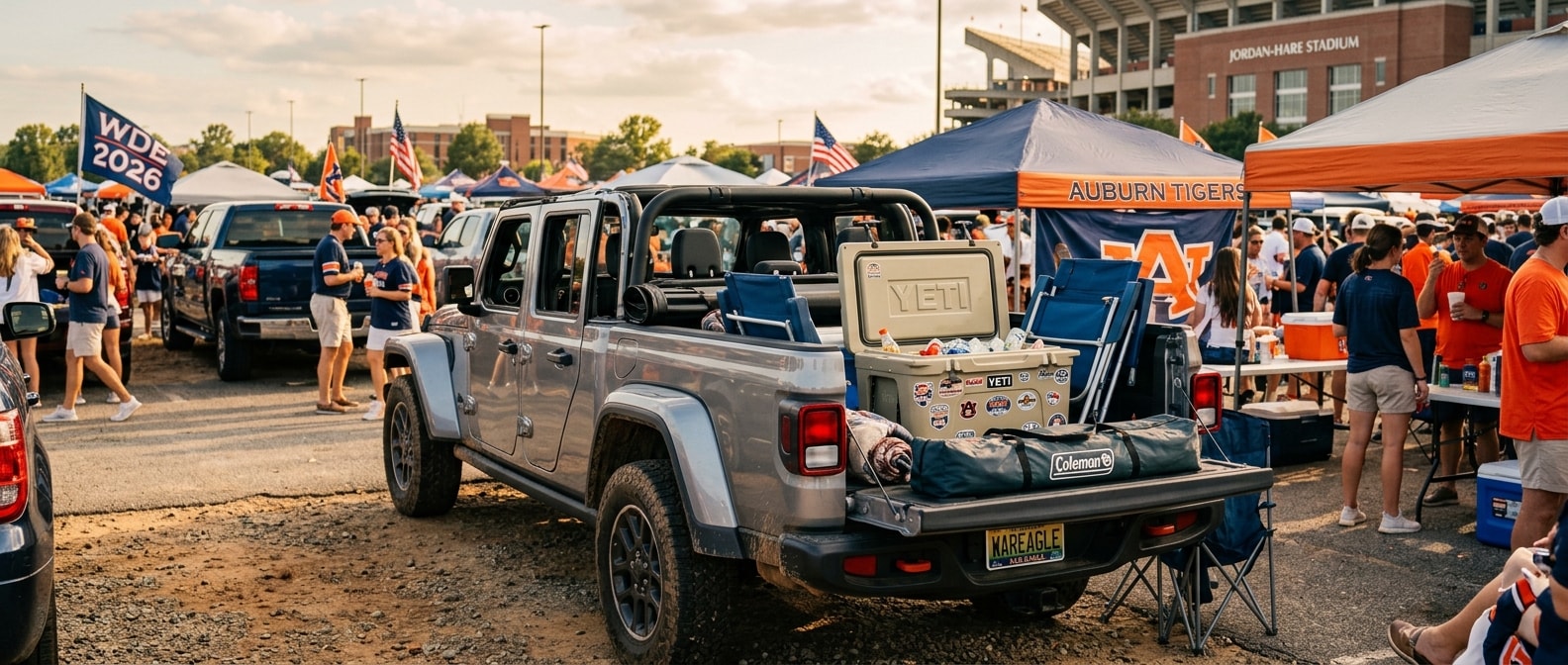 2026 Jeep Gladiator bed loaded for a Birmingham tailgate with cooler, folding chairs, and canopy bag