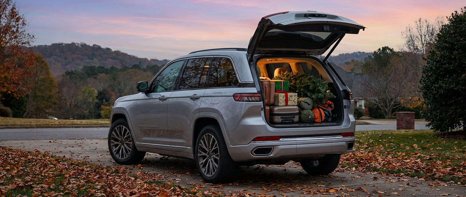 2026 Jeep Grand Cherokee L with open liftgate packed for holiday travel in Pelham, Alabama