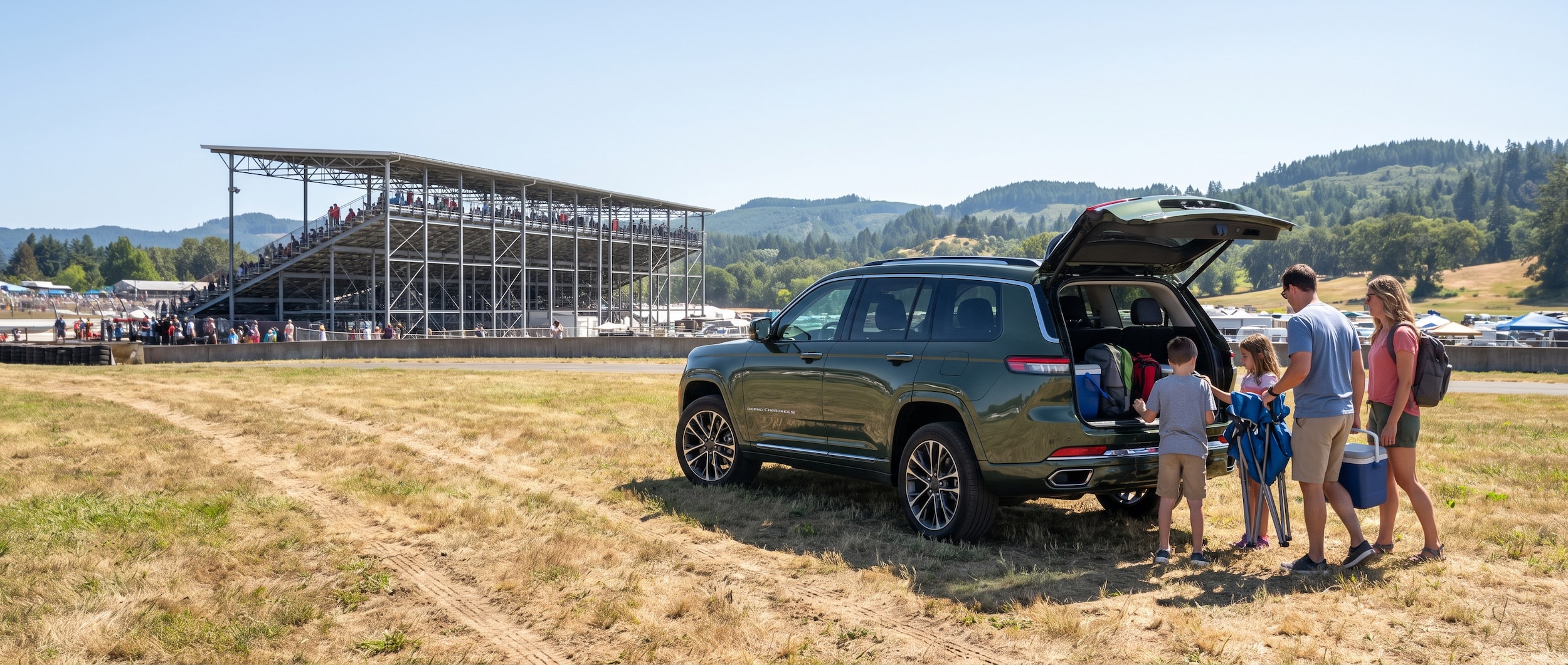 2026 Jeep Grand Cherokee parked at Barber Motorsports Park Birmingham Alabama on a summer day trip