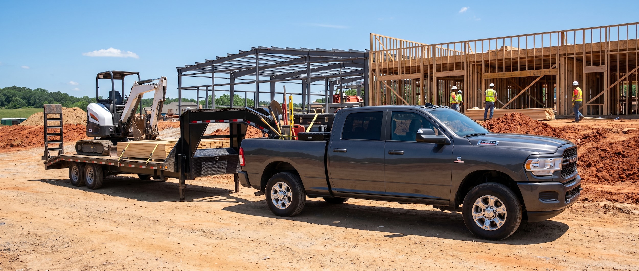 2026 Ram 2500 crew cab with equipment trailer at a Birmingham, Alabama job site