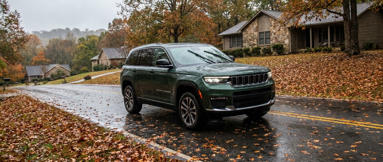 2026 Jeep Grand Cherokee driving on wet roads in Hoover Alabama on a rainy October day