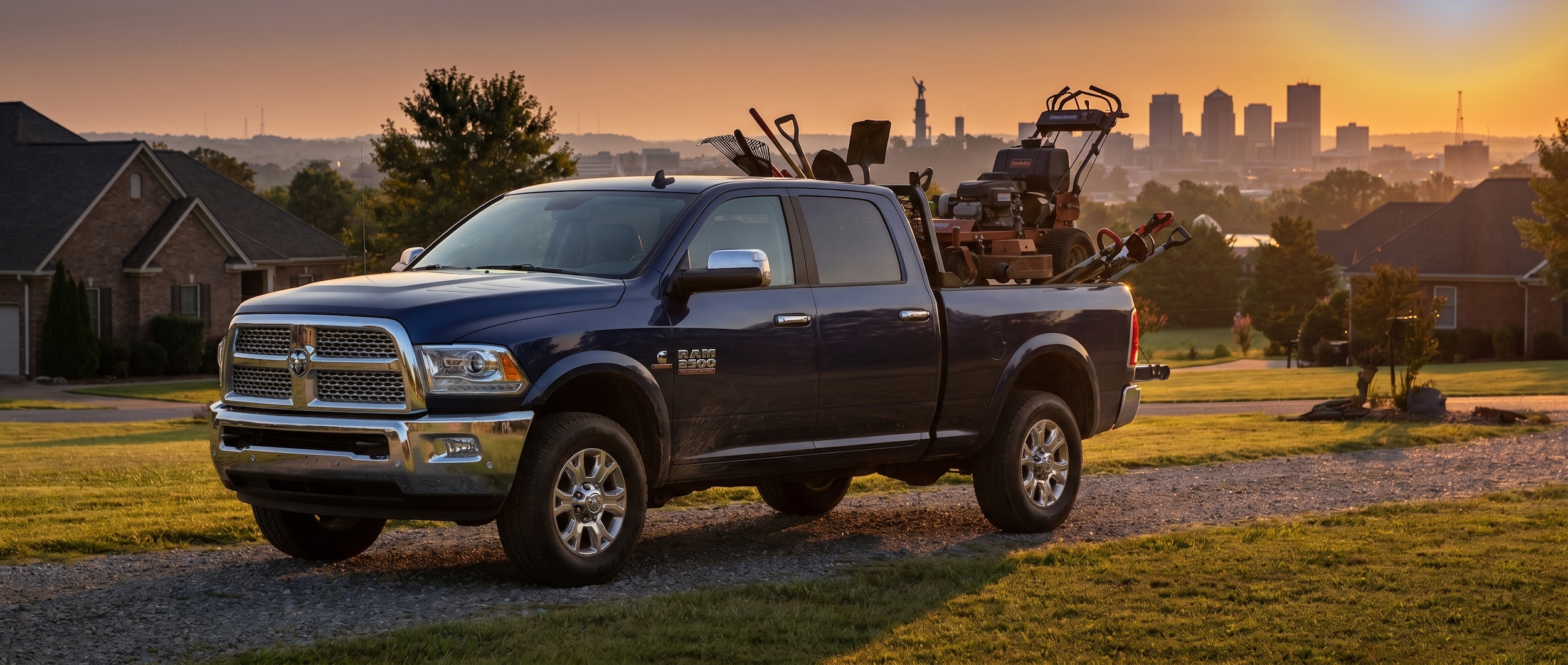 RAM truck with landscaping equipment at job site in Birmingham, AL