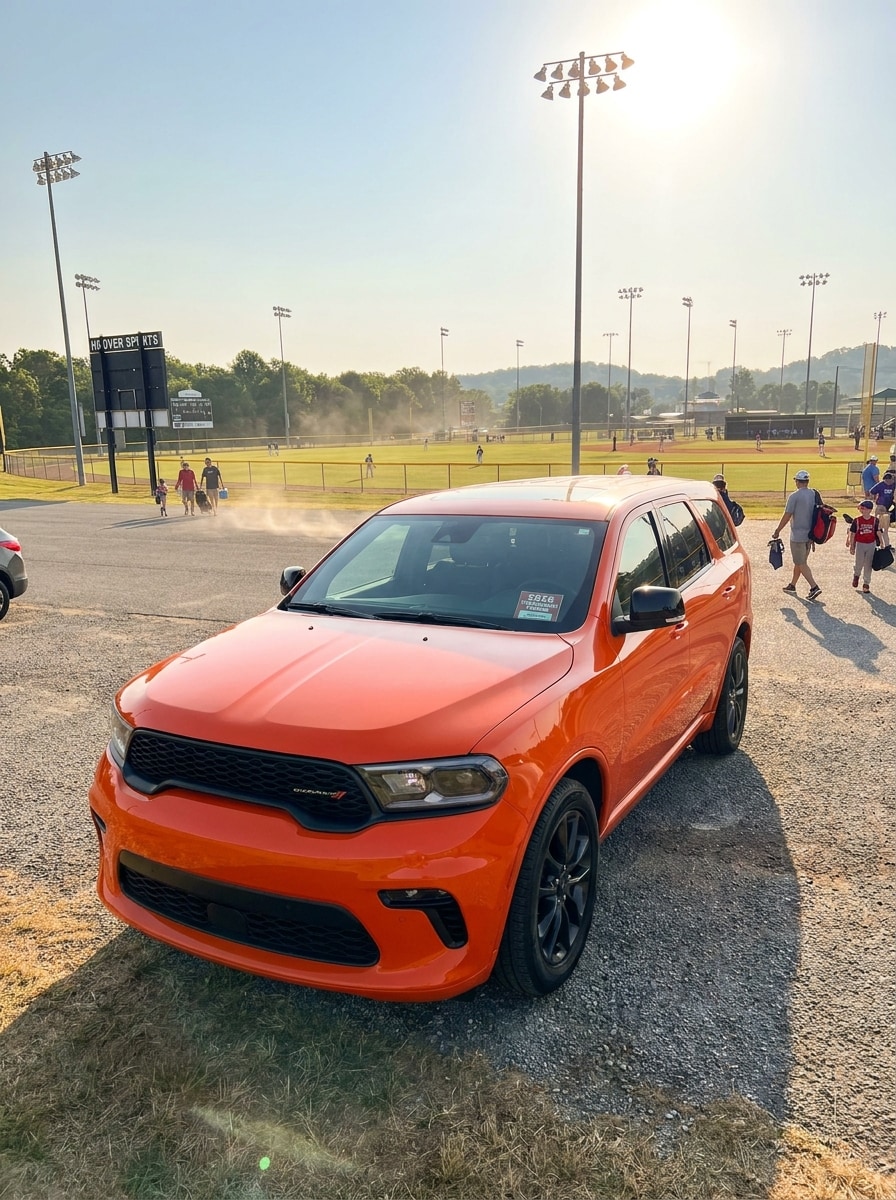 2026 Dodge Durango GT parked outside the Hoover Metropolitan Stadium complex in Hoover, Alabama on a sunny tournament day