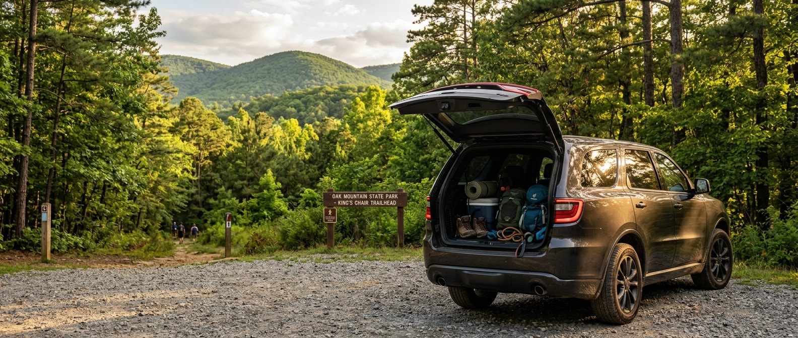 2026 Dodge Durango at an Alabama state park trailhead with rear liftgate open and outdoor gear loaded, Appalachian foothills in the background