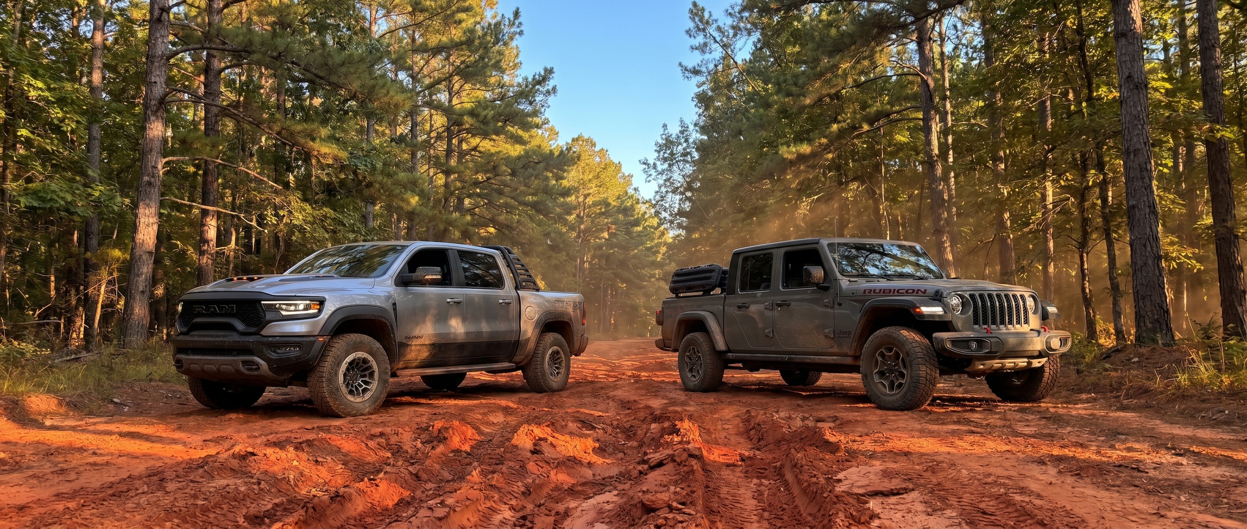 RAM 1500 vs Jeep Gladiator on Alabama off-road trail near Birmingham for utility and adventure drivers