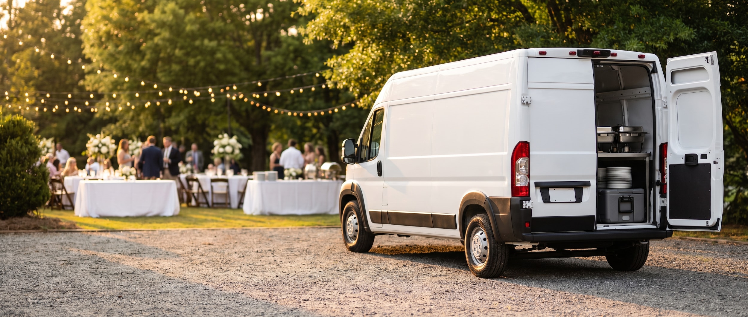 2026 Ram ProMaster cargo van with rear doors open loaded with catering equipment at a Birmingham wedding venue