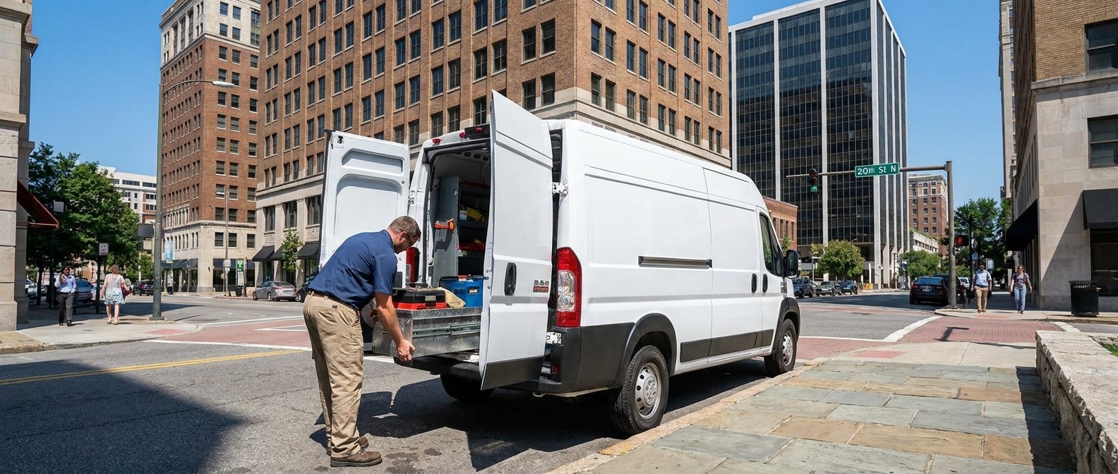 2026 Ram ProMaster cargo van on a downtown Birmingham street, technician loading service equipment through rear doors