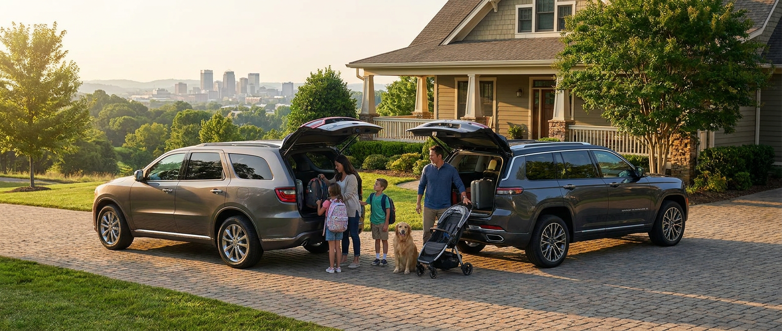 2026 Dodge Durango and 2026 Jeep Grand Cherokee L parked side by side for a family comparison in Hoover Alabama